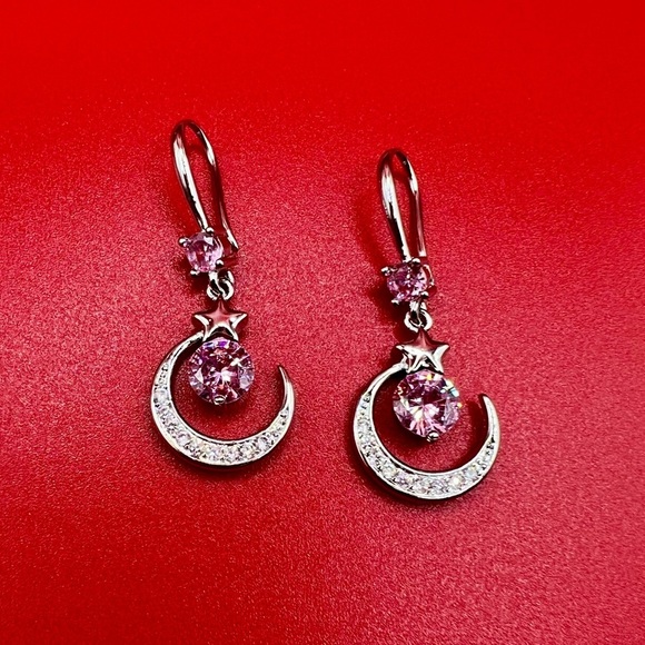 NIB Elegant S925 Sterling Silver Zircon and Pink Crescent Moon Earrings - Picture 1 of 8